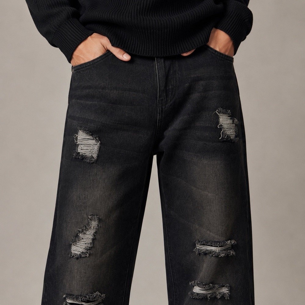 Distressed Wide Leg Jeans Washed Black Y2K Grunge Cotton Denim 34x31
